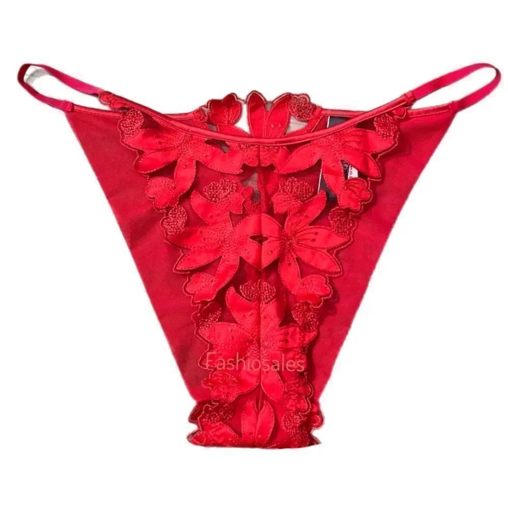 Victoria's Secret Luxe Lingerie Floral Embroidered Sexy Brazilian Slip Panty Red